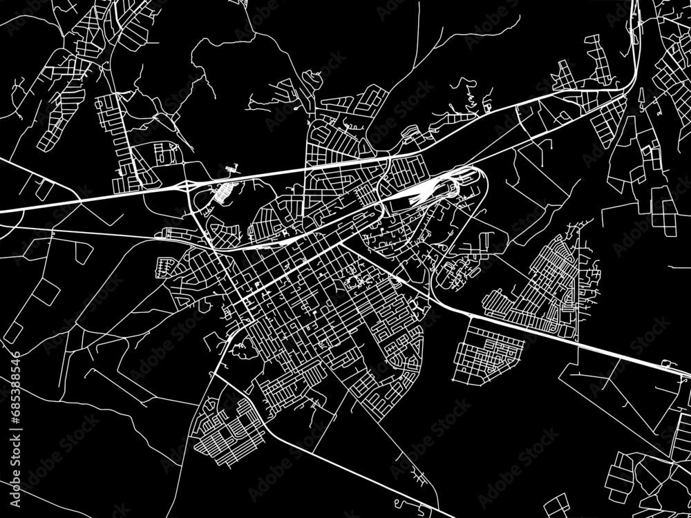 Vector road map of the city of Worcester in South Africa with white roads on a black background.