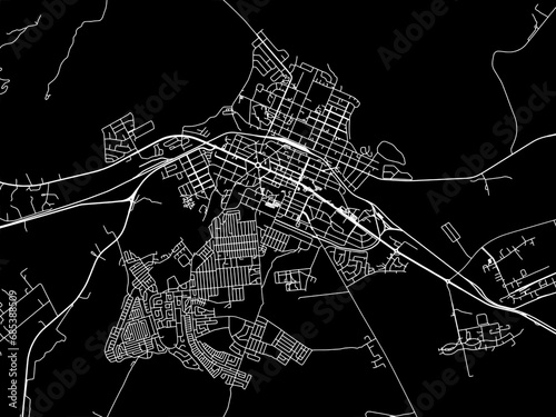 Vector road map of the city of Queenstown in South Africa with white roads on a black background.