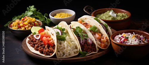 Popular Tex-Mex or Mexican dish: Tacos with crispy tortillas, sausage, bacon, beef, cheese, sour cream, salsa, guacamole; rice, beans as sides.