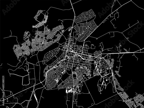 Vector road map of the city of Middelburg in South Africa with white roads on a black background.