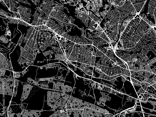 Vector road map of the city of Roodepoort in South Africa with white roads on a black background.