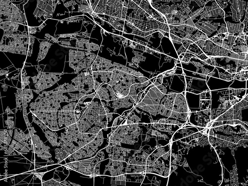 Vector road map of the city of Soweto in South Africa with white roads on a black background.
