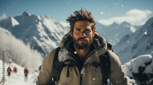 A rugged male mountaineer stands in the foreground with a group hiking in the snowy mountains behind him, potential for adventure sports promotion.