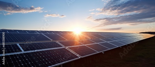 Photovoltaic panels in solar power plant harness solar energy.