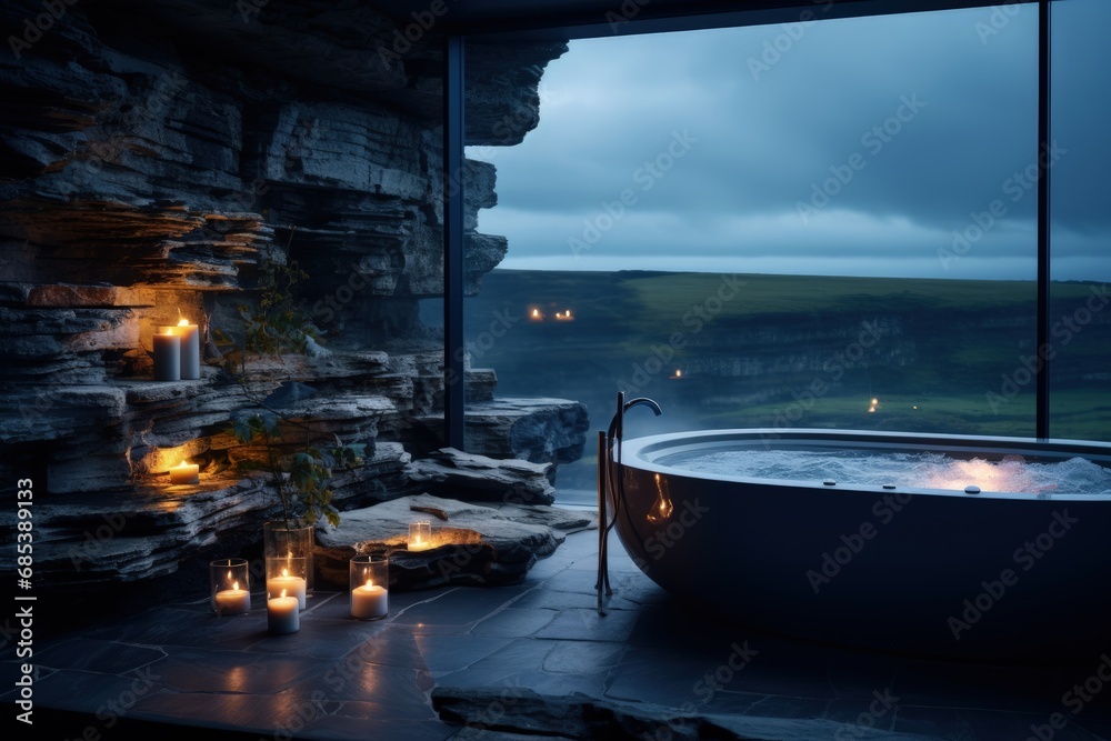 Obraz premium Bathroom design planning, luxury style flawless , relaxing place with a view of the sea scenery, magnificent original design. Toilet room for hygiene, space for spa.