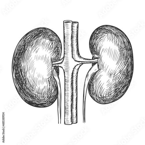 Sketch style human kidneys. Hand drawn kidneys. Engraving style. Anatomical illustration. Human internal organ. Isolated black and white vector urinary system