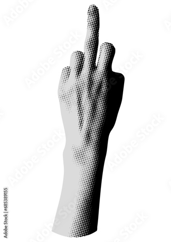 Indecent hand gesture. Fuck you symbol. Retro halftone middle finger. Modern collage. Hand flipping the bird. Hate gesture. Pop art. Trendy vintage newspaper part. Paper cutout element. Y2K style