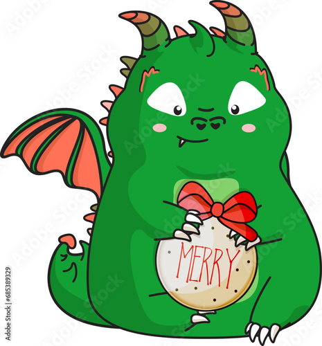 Cute dragon with present. Clipart.