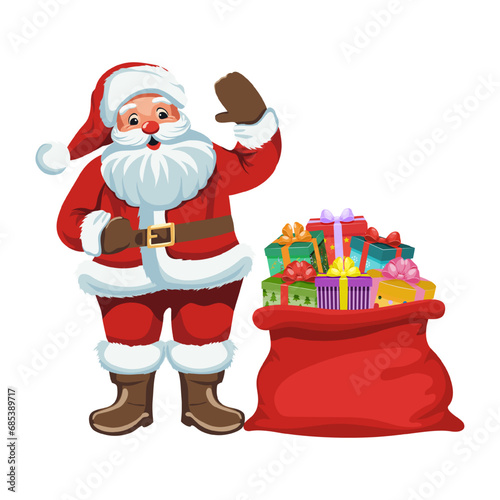 Santa claus with presents. Cheerful Santa Claus stands and waves his hand next to a sack full of gifts. Traditional Christmas and New Year character. Vector illustration isolated on white background.