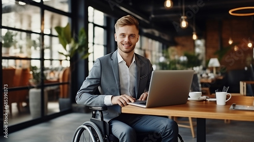 Portrait of businessman in wheelchair working on laptop. Smiling disabled person in suit with success in business. Modern office or cafe freelance remote work place.