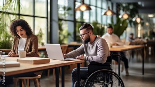 Disabled person in a wheelchair working in DEI company. Inclusion, diversity, equity and belonging in coworking workspace. Man working on laptop in cafe with female colleague.