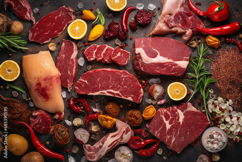 Meat background, appetizing tasty pieces and slices of different meat, beef, pork, entrecote, steak on black, flatley, culinary background for packaging design and advertising