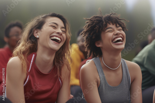 Women laughing together, having a good time at the gym or in a fitness class. The joy of healthy living and friendship