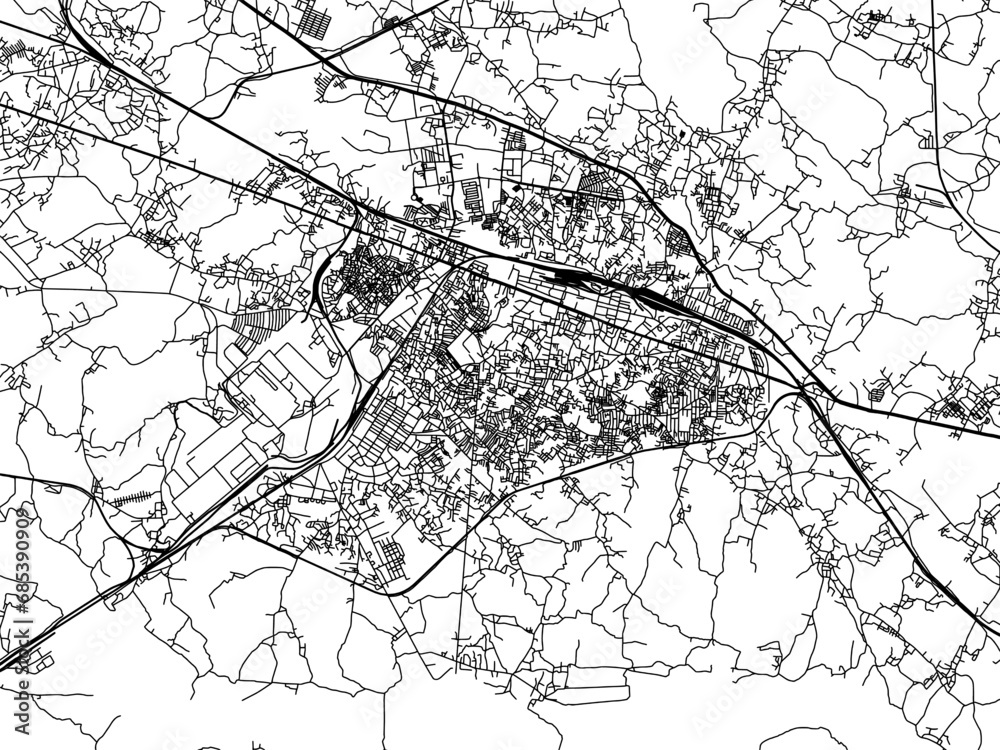 Fototapeta premium Vector road map of the city of Asansol in the Republic of India with black roads on a white background.
