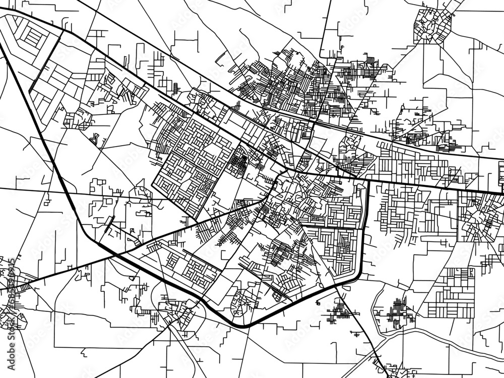 Vector road map of the city of Bahadurgarh in the Republic of India with black roads on a white background.