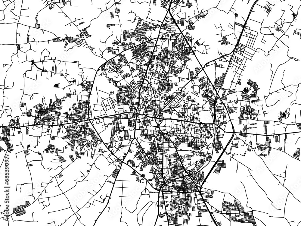 Naklejka premium Vector road map of the city of Bijapur in the Republic of India with black roads on a white background.