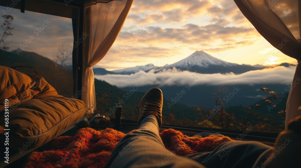 relaxing feet of traveler near camping tent window at mount Fuji area. - obrazy, fototapety, plakaty 