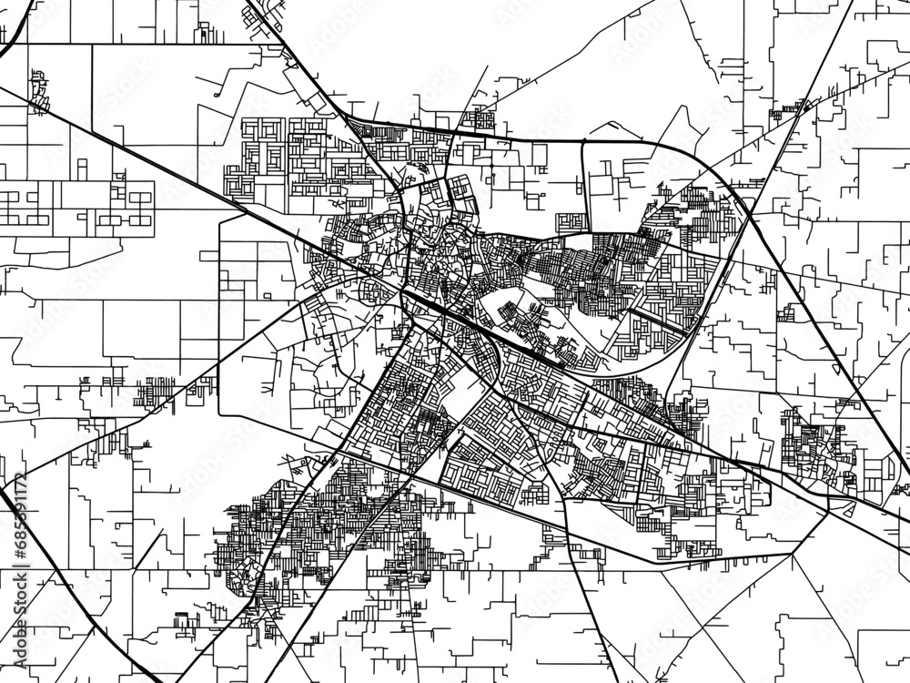 Vector road map of the city of Hisar in the Republic of India with black roads on a white background.