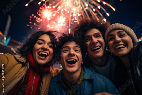 a group of diverse friends taking a selfie at new years with fireworks in the background