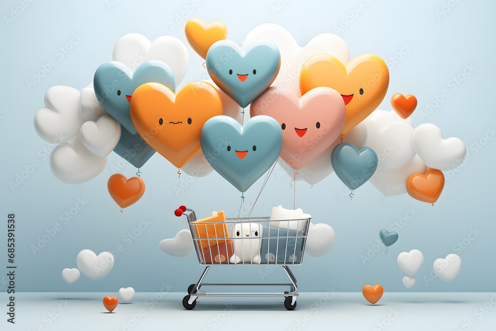 Supermarket cart background with heart shaped balloons. E-commerce. Mother's Day and Valentine's concept. Romantic background. Cute background for babies theme.