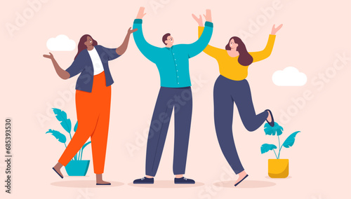 Cheerful business characters - Group of three happy diverse businesspeople with hands in air, smiling, celebrating happiness at work together. Teamwork achievement concept in flat design vector