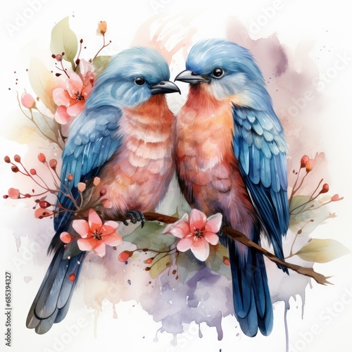 Watercolor illustration of a pair of bluebirds sitting on a branch with flowers photo