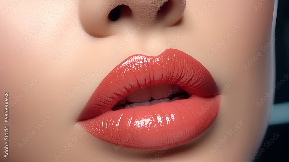 Fototapeta premium Sexy red lips close up. Beautiful perfect makeup.