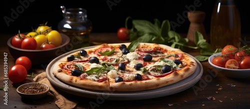 Wood-fired oven produces Margherita pizza topped with mozzarella, tomatoes, basil, olives. Served on white plate alongside sparkling water and lemons.