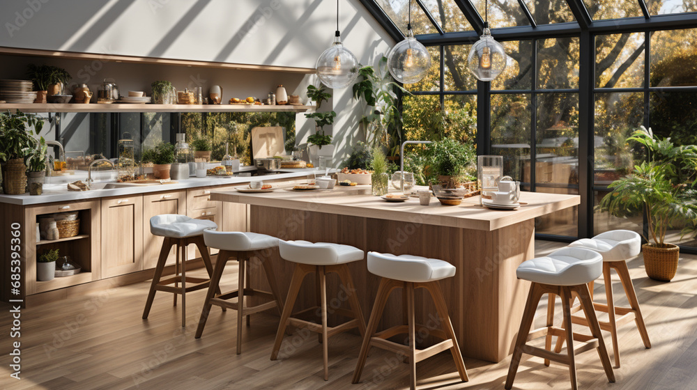 Nordic style kitchen, with parquet floor and a large window with outdoor garden. Equipped with a large island with hanging lamps and large countertop.