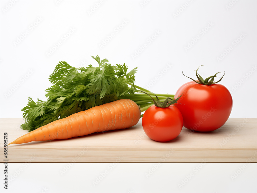 A tomato and a carrot on wood cutting board A tomato and a carrot on wood cutting board