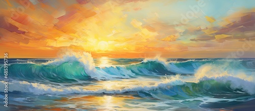 The shimmering blue waves danced beneath the bright summer sun, as the orange hues of the breathtaking sunset painted the sky above the serene beach landscape, creating a captivating scene of nature's