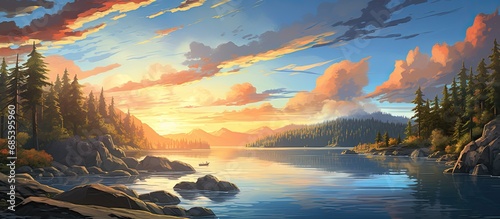 The sky transformed into a breathtaking canvas of blues and golds as the sun set over the picturesque landscape adorned with towering trees, a serene lake nestled between rugged rocks, a sturdy dock