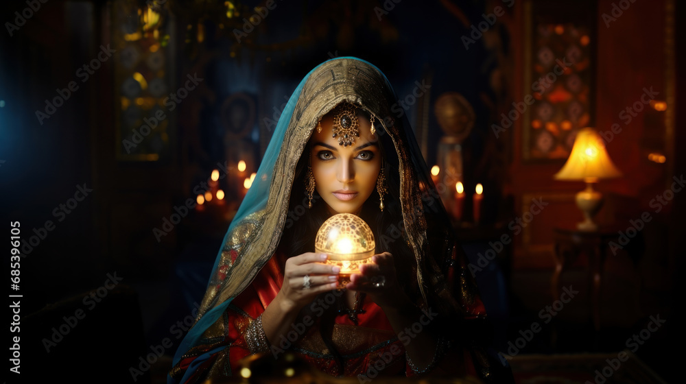 Young female fortune teller holding her magical ball