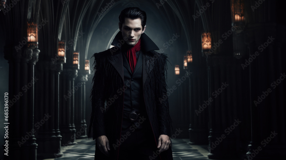 Vampire in black gothic dress in spooky castle Vampire in black gothic dress in spooky castle