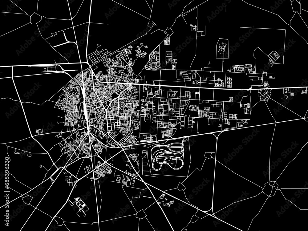 Vector road map of the city of Bathinda in the Republic of India with white roads on a black background.