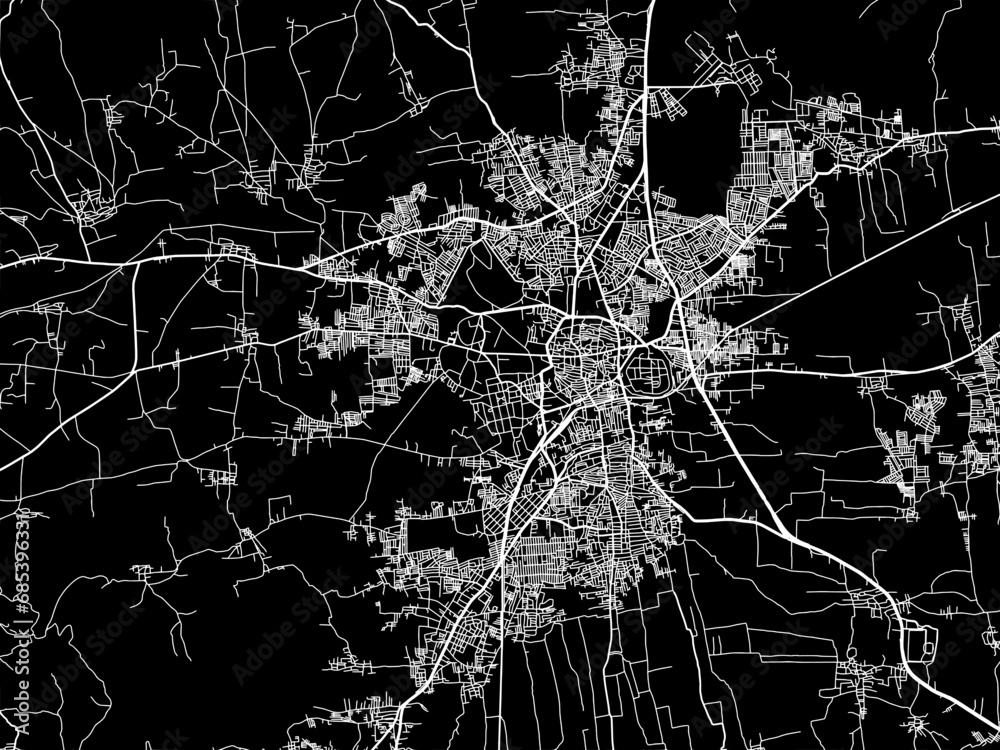 Vector road map of the city of Belagavi in the Republic of India with white roads on a black background.