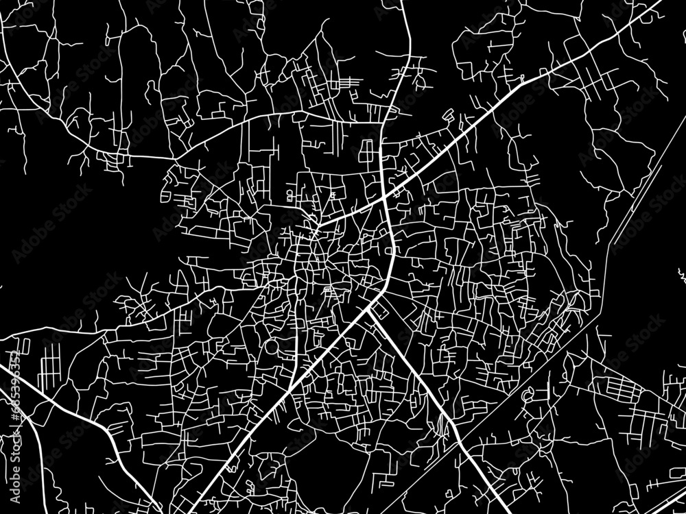 Vector road map of the city of Bhiwandi in the Republic of India with white roads on a black background.