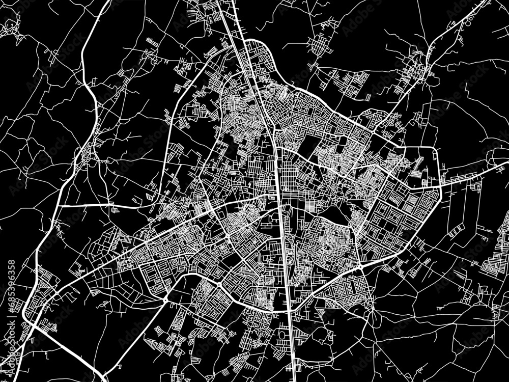 Vector road map of the city of Bhilwara in the Republic of India with white roads on a black background.