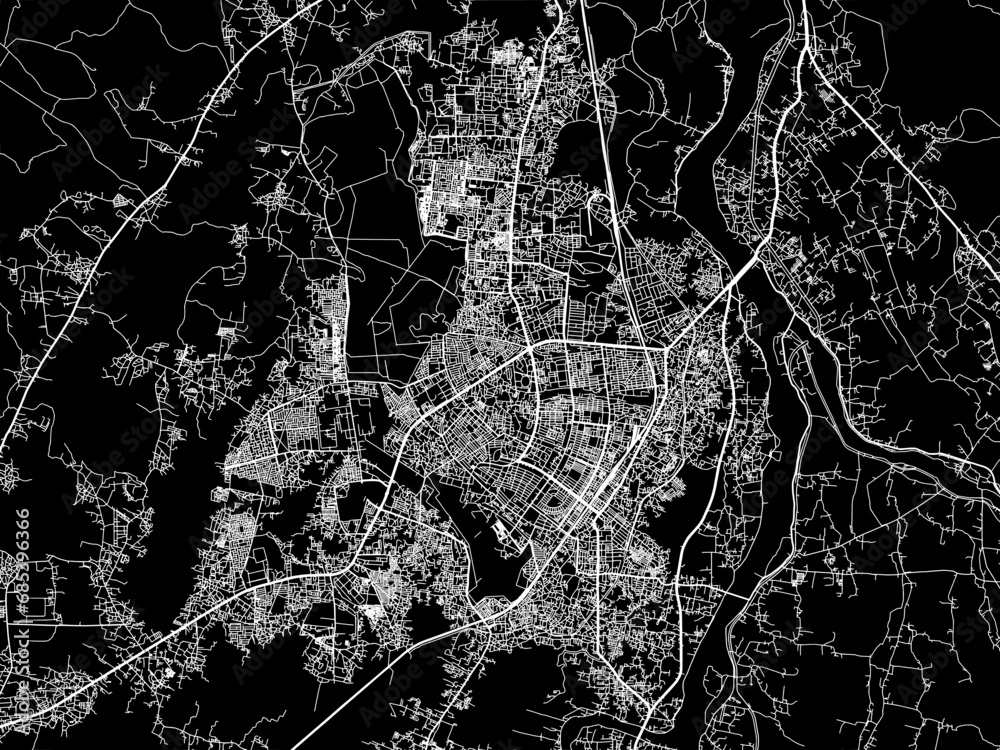 Vector road map of the city of Bhubaneswar in the Republic of India with white roads on a black background.