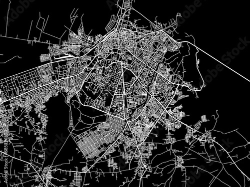 Vector road map of the city of Bhavnagar in the Republic of India with white roads on a black background.