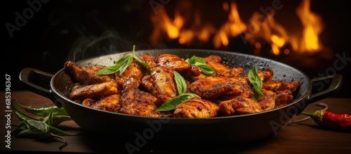 The chef prepared a sizzling plate of Chicken 65, a popular Countryn appetizer, using a cast iron skillet, garnishing it with fragrant curry leaves for an authentic taste of Countryn starters. photo