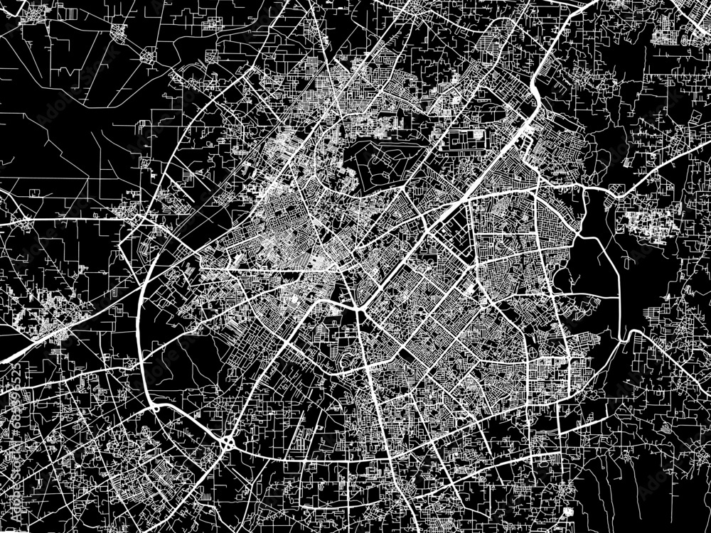 Vector road map of the city of Gurgaon in the Republic of India with white roads on a black background.