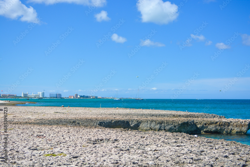 Aruba's coast landscape. Beautiful Caribbean summer seascape scene. Space for text. 
