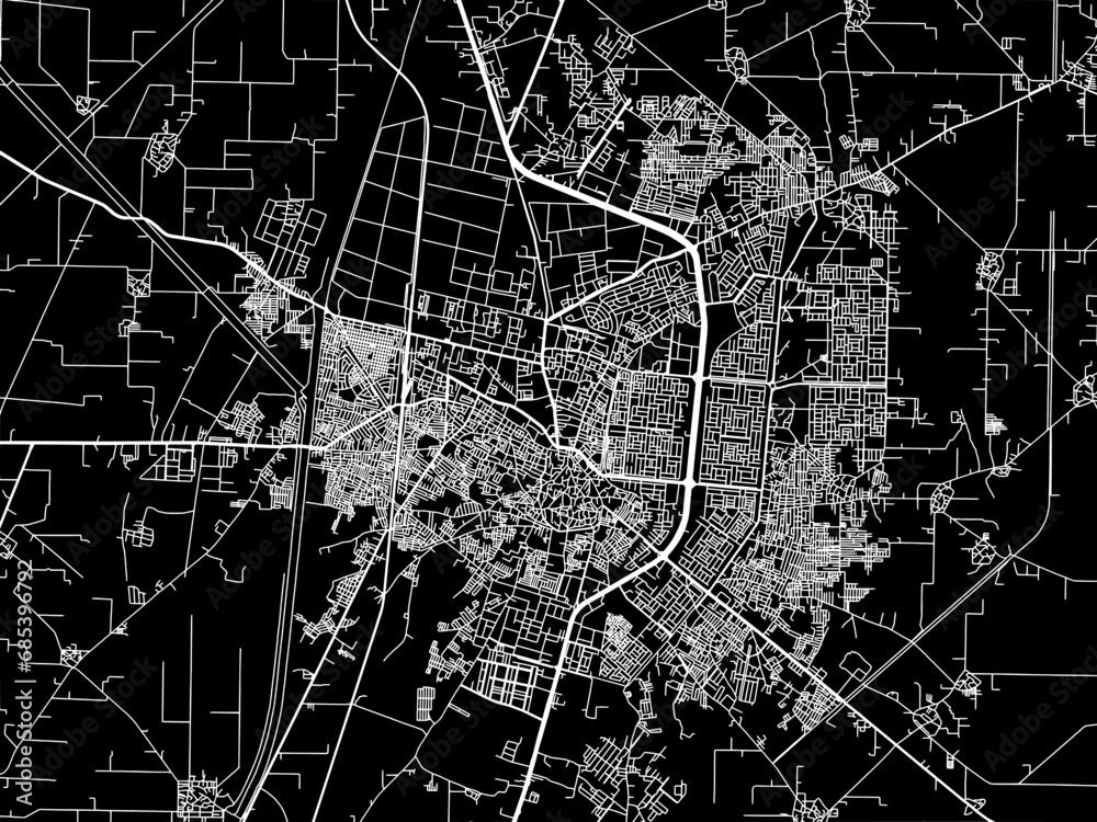 Vector road map of the city of Karnal in the Republic of India with white roads on a black background.