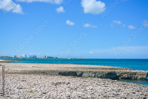 Aruba's coast landscape. Beautiful Caribbean summer seascape scene. Space for text. 