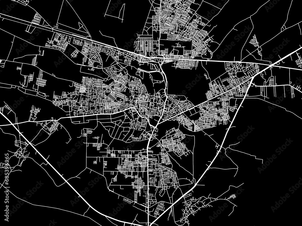 Vector road map of the city of Pali in the Republic of India with white roads on a black background.