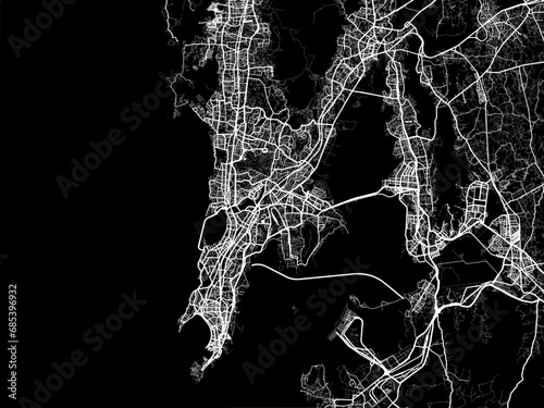 Vector road map of the city of Mumbai in the Republic of India with white roads on a black background.