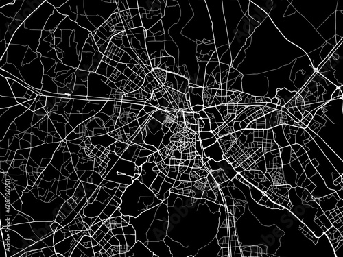 Vector road map of the city of New Delhi Metro in the Republic of India with white roads on a black background.