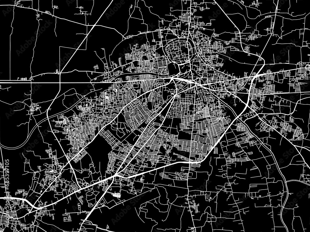 Vector road map of the city of Thanjavur in the Republic of India with white roads on a black background.