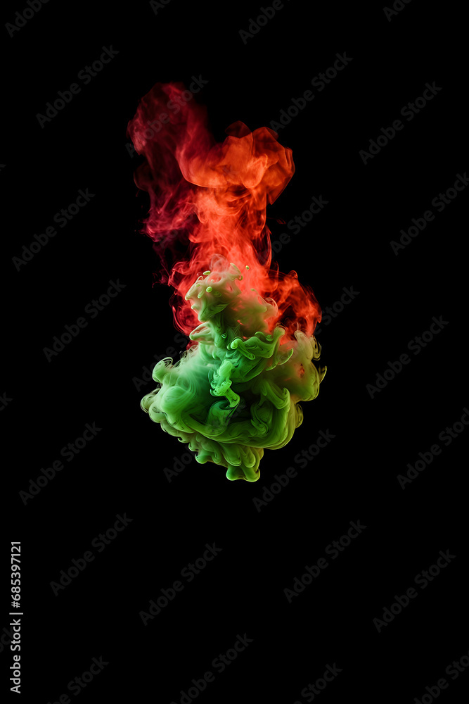 Contrasting Chroma: Red and Green Swirling Fumes on Abyssal Black Canvas - Vivid Shades Coalescing in Enigmatic Whirls